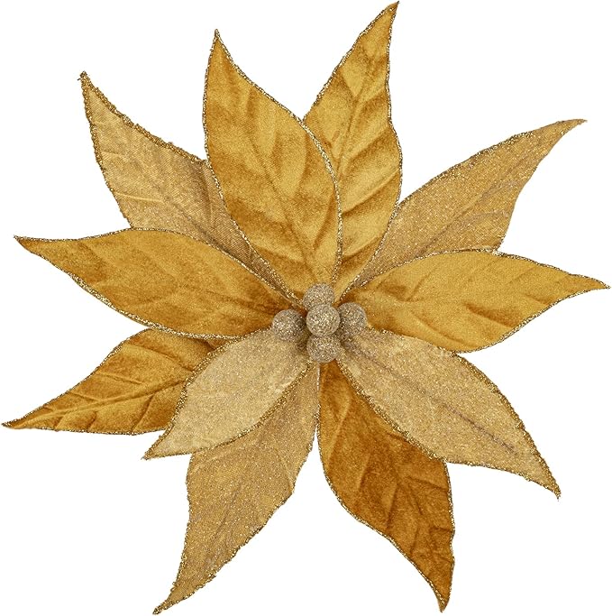 Hollyone 3PCS Poinsettia Christmas Flowers Artificial 11" Large Velvet Gold Glitter Poinsettia Flowers Christmas Tree Ornaments Floral Picks for Tree Wreath Garland Vase Table Centerpiece Home Decor