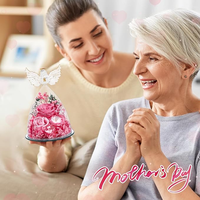 FIACO Gifts for Women Preserved Rose Forever Flower in Glass Angel Figurine Fresh Flowers for Delivery Mothers Day Birthday Gifts for Mom Grandma Wife Sister Pink