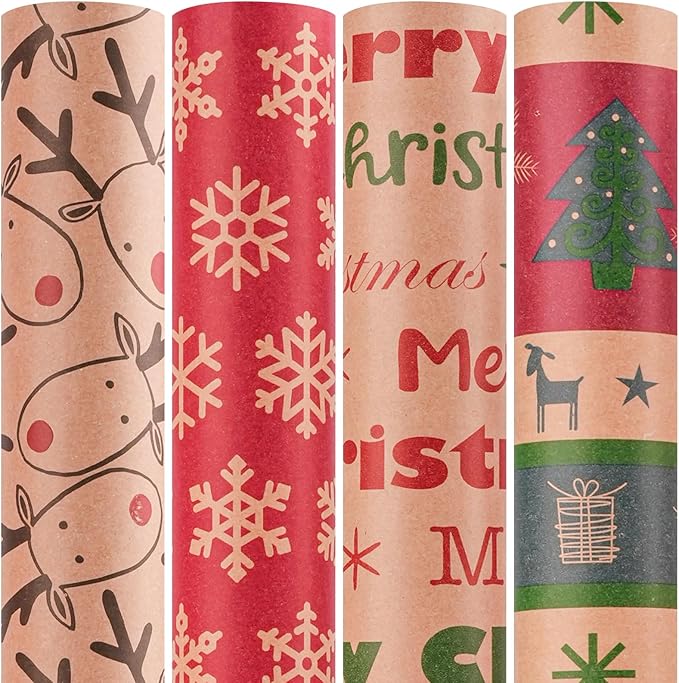 Happypapa Christmas Wrapping Paper, Kraft Xmas Wrapping Paper Rolls - Snowflakes, Reindeer, Gift and Merry Christmas Pattern - 4 Rolls - 17 Inch × 120 Inch Per Roll