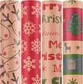 Happypapa Christmas Wrapping Paper, Kraft Xmas Wrapping Paper Rolls - Snowflakes, Reindeer, Gift and Merry Christmas Pattern - 4 Rolls - 17 Inch × 120 Inch Per Roll