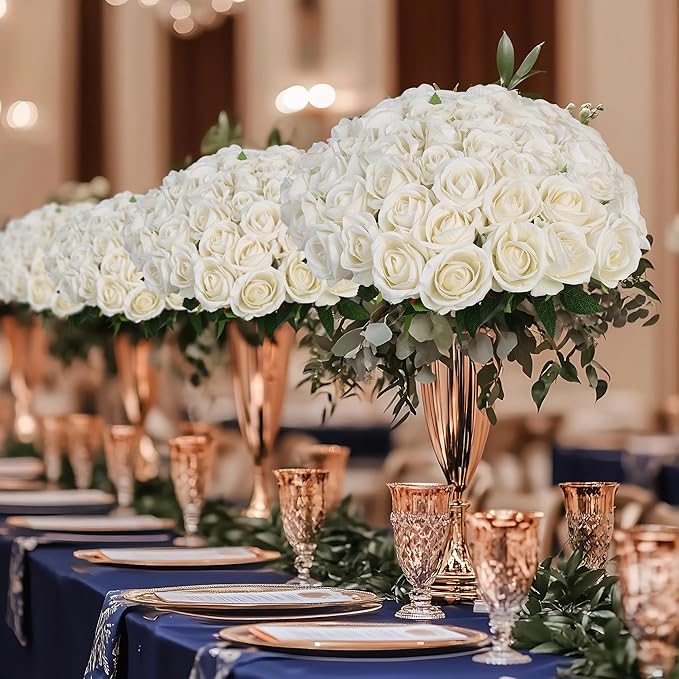 LFF 50 Pcs Realistic White Artificial Roses - Premium Velvet Faux Flowers for Wedding Bouquet, Centerpieces, Home & Party Decoration(White)