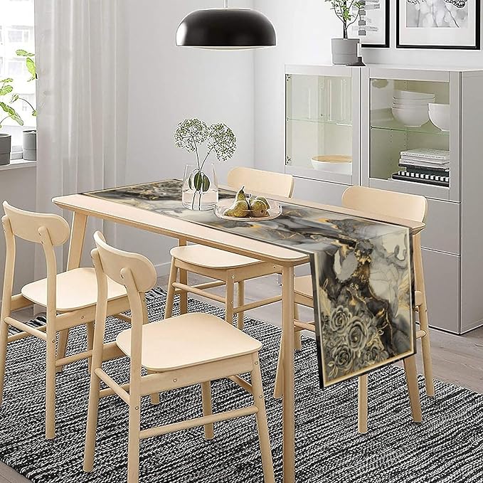 Grey Marble Flower Table Runner, Black Grey Marble Golden Veins Abstract White Natural Texture Floral Dinner Runner Table Decoration for Home Kitchen Dining Holiday Party 13x60in