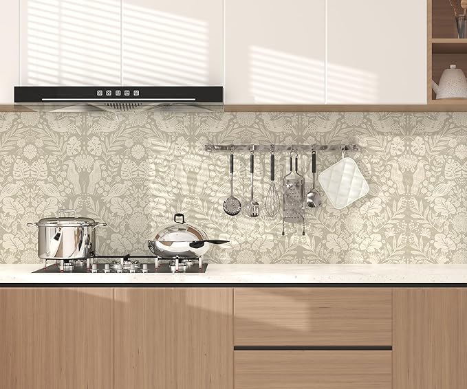 Boho Wallpaper Peel and Stick Wallpaper Vintage Leaf Contact Paper Self Adhesive Wall Paper Removable 17.3" X 197"Beige Art Decoration Floral Wallpapers for Bedroom Home Kitchen Cabinets Vinyl