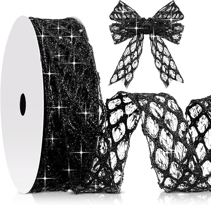 Geosar 20 Yards Black Mesh Glitter Wired Ribbon for Christmas Tree Decorations, Gift Wrapping, DIY Craft, Xmas Wreaths, Cabinet Decor (1.5 Inch)