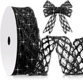 Geosar 20 Yards Black Mesh Glitter Wired Ribbon for Christmas Tree Decorations, Gift Wrapping, DIY Craft, Xmas Wreaths, Cabinet Decor (1.5 Inch)