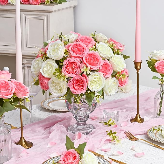MARTINE MALL 2 Packs Peonies Artificial Flowers, Mixed White Pink Artificial Peonies, Silk Peonies Flowers Fake Peonies Artificial Flowers Peonies Bouquet for Centerpiece Table Wedding Home Decor