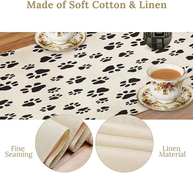 Dog Paws Table Runner,Cartoon Cute Black White Animal Footprints Abstract Tablecloth Burlap for Hotel Indoors Outdoor Dining Room Kitchen Home Decor,W13X L90 in