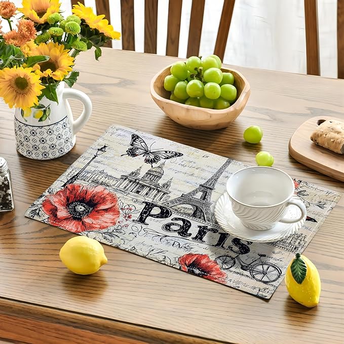 Paris Placemats Set of 4, French Eiffel Tower Place Mats, Poppies Dining Table Mats, Retro Washable Placemats for Kitchen Dining Room Home Decor 18L'' × 12W''