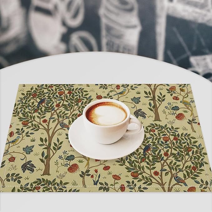 Vintage Trees Placemats Set of 6, William Morris Retro Boho Botanical Plant Birds Place Mats, Heat Resistant Non Slip Cotton Linen Dining Table Mats for Home Kitchen Party 18x12 Inch