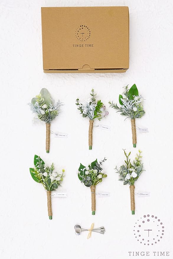 TingeTime Boutonniere for Men, Set of 6, Groom and Groomsmen Boutonniere for Wedding, Prom, Homecoming, Anniversary, Graduation (6, Fresh Green)
