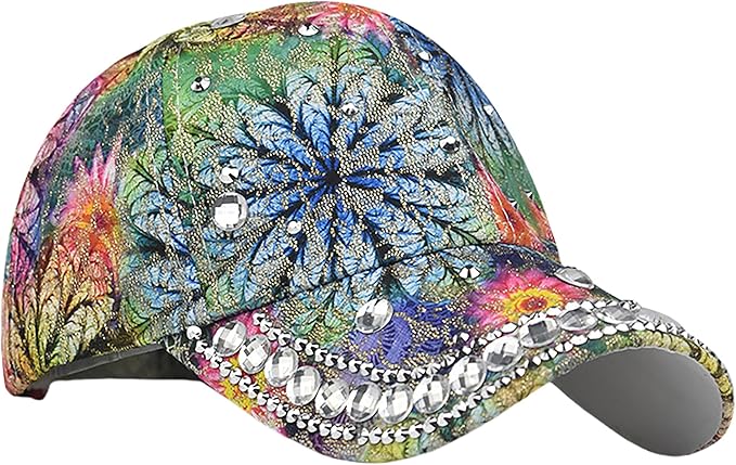 Bling Baseball Caps for Women, Rhinestone Summer Flower Baseball Hat, Adjustable Spring Fall Denim Sequin Jean Hat