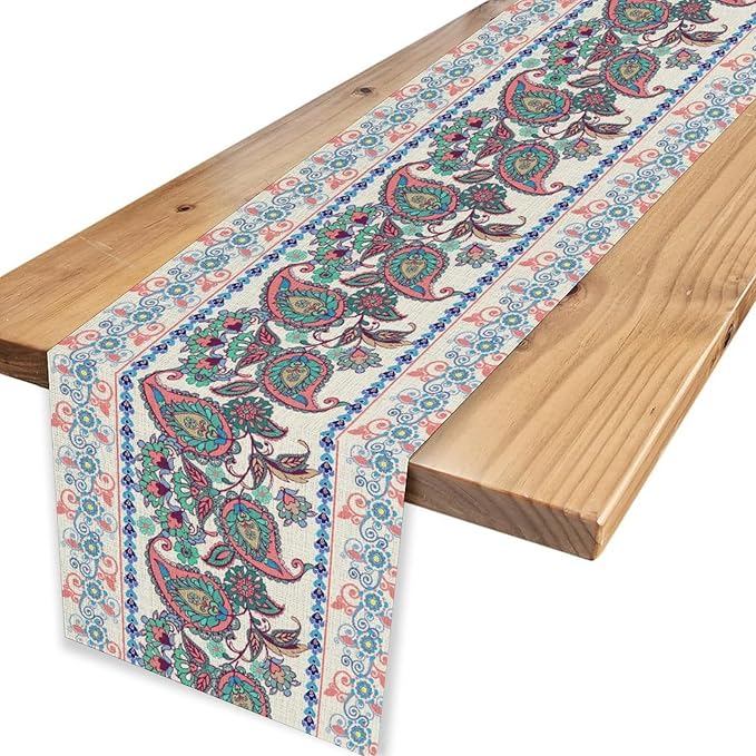 Vintage Paisley Table Runner, Rustic Pink White Paisley Floral Retro Boho Art Table Center Decor for Family Kitchen Farmhouse Holiday Party Table Decorations Indoor Outdoor 13x90 inch