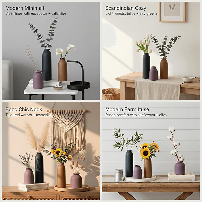 Ceramic Vase Set of 3, Farmhouse Rustic Decorative Vase for Home Decor, Modern Glazed Vase, Table Centerpiece for Living Room, Shelf, Bedroom, Kitchen (Black Purple)