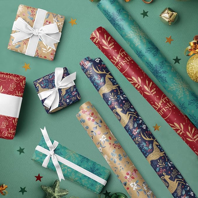 RUSPEPA Christmas Kraft Wrapping Paper - Reindeer, Berry Leaf and Text Design - 4 Rolls - 30 inches x 10 feet per Roll