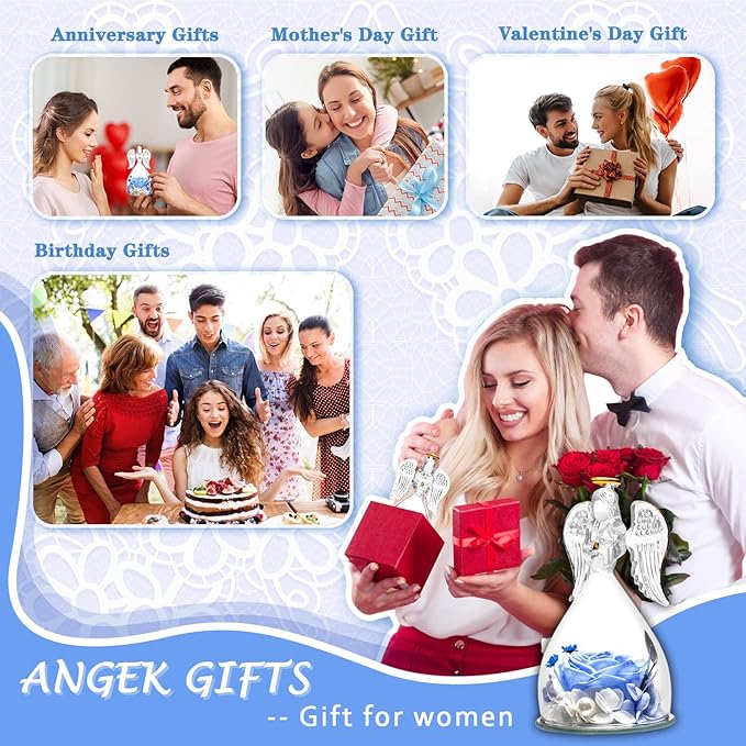 Gifts for Women Birthday Christmas Preserved Rose Forever Flowers in Glass Angel Figurines Fresh Flowers for Delivery for Mom Real Roses for Grandma Wife Her from Daughter (Light Blue Rose+necklace)