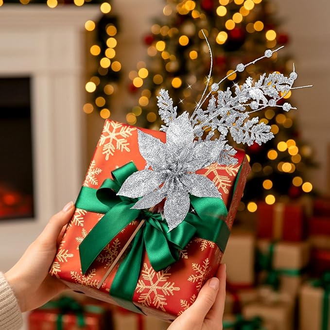 18 Pack 3 Styles 17 Inch Christmas Glitter Poinsettia Berry Stems Ornaments Artificial Floral Branches Picks for Christmas Tree Home Vase Holiday Party Decor(Silver)