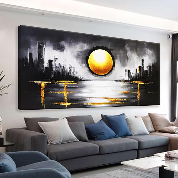 Large Abstract Wall Art For Living Room Black And Gold Wall Art Painting Prints Abstract Art Modern Canvas Art Wall Decor Pictures For Bedroom Kitchen Office Home Wall Decor 29" × 58"