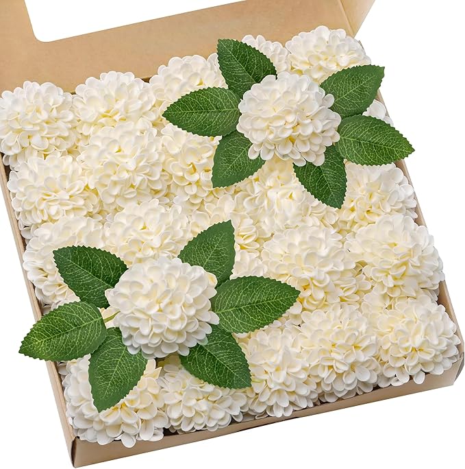Artificial Flowers, 25pcs Realistic Artificial Rose for DIY Wedding Bouquets Centerpieces Arrangements, Cream Dahlia Flowers with Stem for Bridal Shower Party Home Decorations