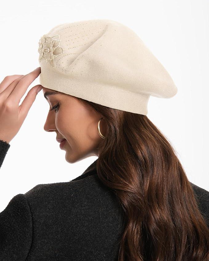 Flower Embroidery Beret Hat for Women, French Style Knitted Beret Hats, Stylish Solid Color Beret Cap for Women Girls Lady