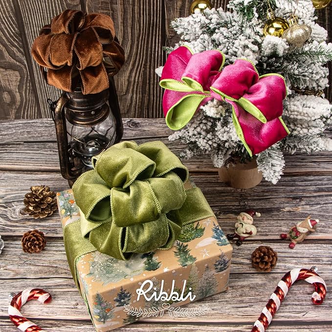 Ribbli Brown Velvet Wired Ribbon 1.5 Inch Velvet with Satin Christmas Ribbon for Gift Wrapping Christmas Tree Decoration Crafts Wreaths Supplies-Continuous 10 Yards