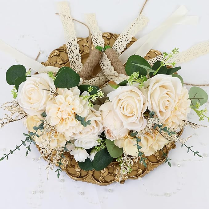 Boho Bridesmaid Bouquets for Wedding, 9 Inch Artificial Flowers Bouquets for Ceremony Anniversary Centerpieces Decorations, Roses - Beige