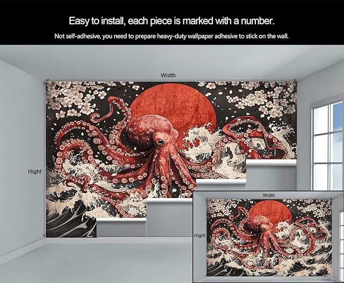 Japanese Wave Octopus Wall Mural, Japanese Traditional 3D Wall Murals, Ocean and Octopus Wallpaper Mural, for Living Room Bedroom Large Wallpaper Indoor Decor 177.16" W x120 H