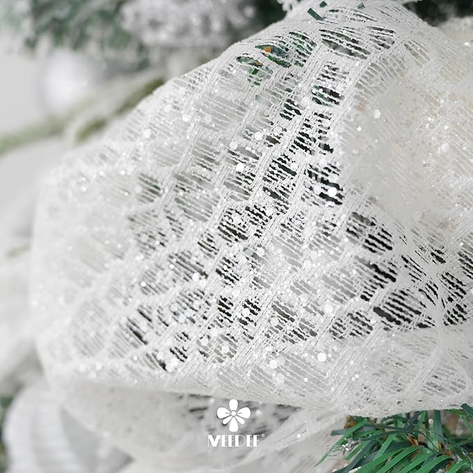 MEEDEE White Glitter Mesh Web Ribbon 10 Inch Wide by 10 Yards Roll White Fabric Ribbon Decorative Mesh Ribbon for Christmas Tree, Garland, Wreaths, Bows, Holiday Crafts, Home Decor