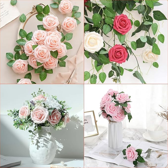 60Pcs Artificial Rose Flowers, Real Looking Fake Roses for Decorations, Foam Rose Bulk with Stems for DIY Wedding Bouquets Floral Arrangements Bridal Shower Party Home Decor (60, Navy Blue)