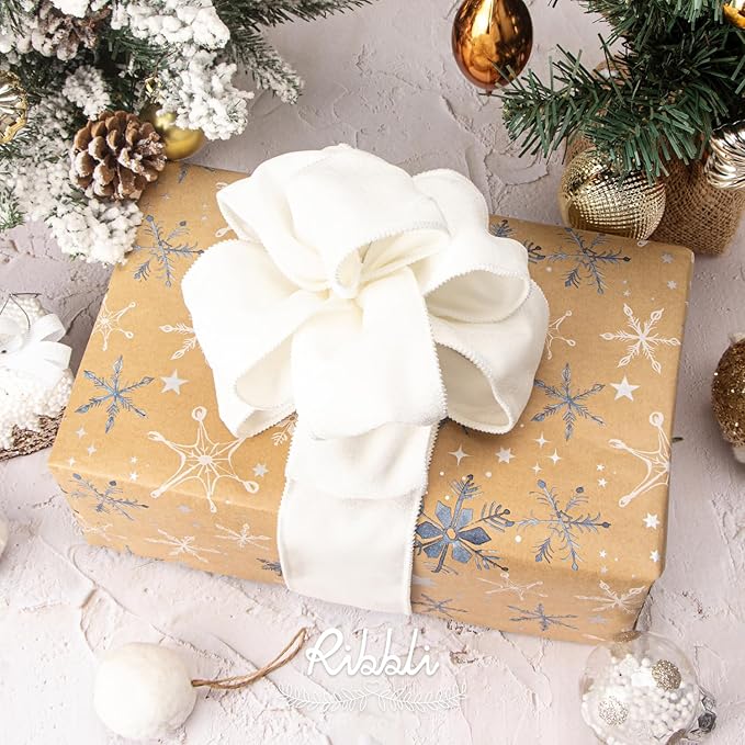 Ribbli White Velvet Wired Ribbon 2.5 Inch Velvet with Satin Christmas Ribbon for Christmas Tree Gift Wrapping Crafts Wreaths Supplies-Continuous 10 Yards