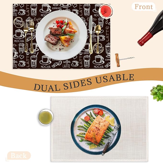 Coffee Placemats Set of 6,Washable Heat Resistant 12×18 Inch Linen Table Mats Funny Place Mats for Party Outdoor Dining Décor