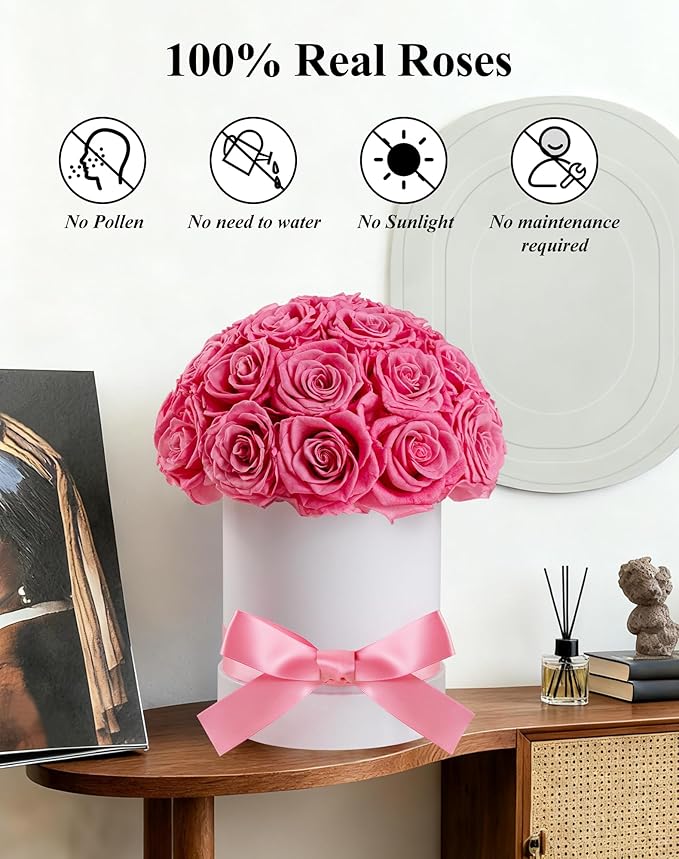 27 Forever Roses Dome in White Box, Eternal Real Roses Gifts for Women, Preserved Flowers for Delivery Prime, Anniversary, Valentine's Day, Christmas, Birthday for Her (Pink)