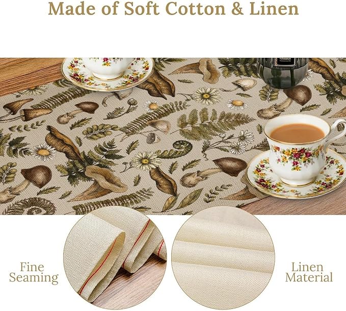 Vintage Woodland Mushroom Table Runner, Rustic Forest Green Plants Wild Mushroom Ferns Daisy Print Kitchen Dining Table Runners for Indoor Outdoor Home Party Holiday Decor, 13x70inch