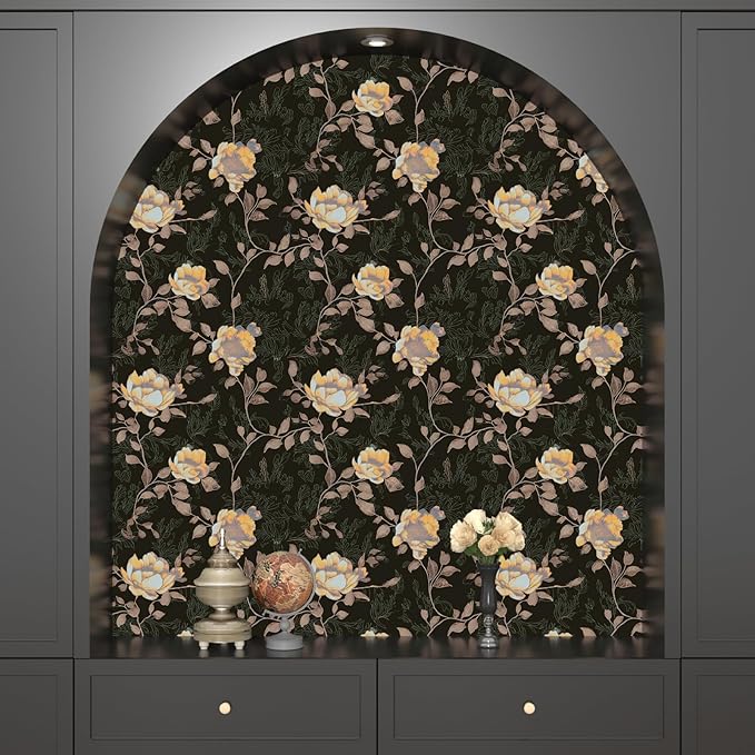 Black Orange Floral Peel and Stick Wallpaper Flowers Contact Paper 17.5"x118" Self Adhesive Waterproof Vintage Dark Floral Wall Paper for Shelf Liner Cabinet Decor