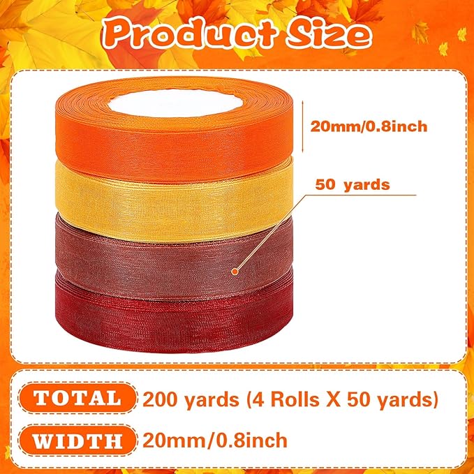 DECYOOL 4 Rolls 200 Yards Fall Organza Ribbons for Gift Wrapping, 4/5" Wide Thanksgiving Autumn Sheer Chiffon Ribbon for Wreath Bows Bouquet DIY Crafts and Party Home Decoration
