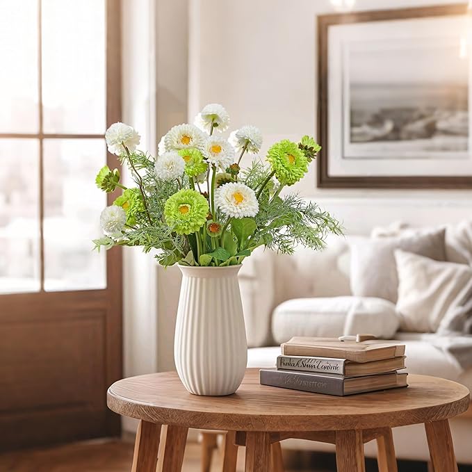 Fake Flowers Artificial Daisy Flowers Daisies and Kiku Flowers Chrysanthemum Bouquet with Rosemary Sprigs for Florals Arrangements Table Centerpieces Spring Flower Decor (White & Green)