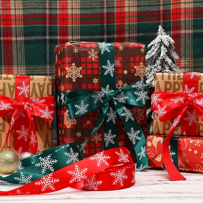 DECYOOL 4 Rolls 100 Yards Christmas Snowflake Ribbons for Gift Wrapping, 25mm Wide Red and Green Satin Ribbon for Festival Holiday Party Decorations DIY Crafts