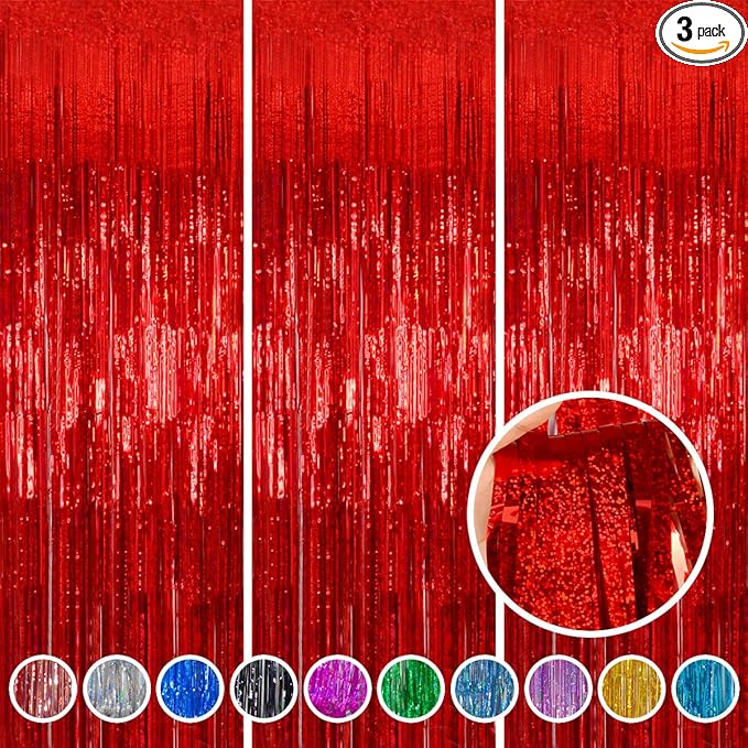 Foil Fringe Curtains Christmas Decorations Red Streamers Party Decorations - Melsan 3 Pack 3.2 x 8.2 ft red Fringe Backdrop Party Photo Backdrop for Back to School Birthday Party Baby Shower