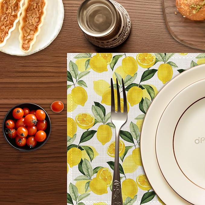 Lemon Placemats Set of 6,Washable Heat Resistant 12×18 Inch Linen Table Mats Yellow Place Mats for Party Outdoor Dining Décor