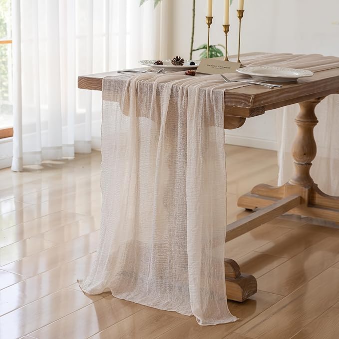 10pcs Light Beige Gauze Rustic Cheesecloth Table Runner 120 Inch 10 FT for Wedding Baby Shower Bridal Shower Birthday Engagement Garden Outdoor Party Long Sheer Boho Decorations