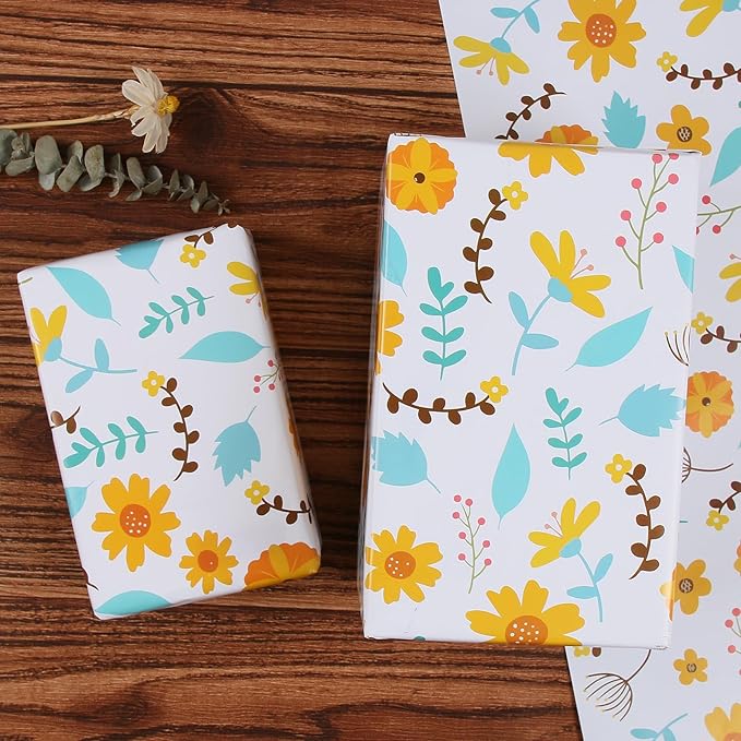 Aimyoo Floral Wrapping Paper Jumbo Roll 17 in x 60 ft, Blue Orange Flower Gift Wrap for Wedding Bridal Shower Birthday