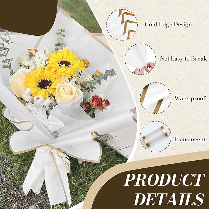 Tuojecuk Flower Bouquet Wrapping Paper, 20 Sheet Waterproof Floral Bouquet Wrapping Paper, Florist Supplies Packaging Paper for Wedding Birthday Gift (White)