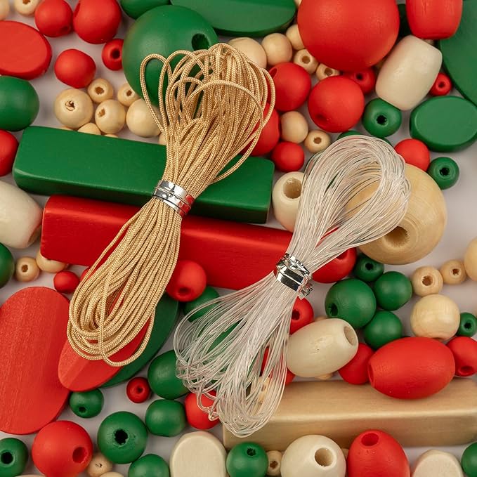 John Bead 90g Craft Beads Dark Green/Red/Natural Wood Beads with Elastic Nylon Cord