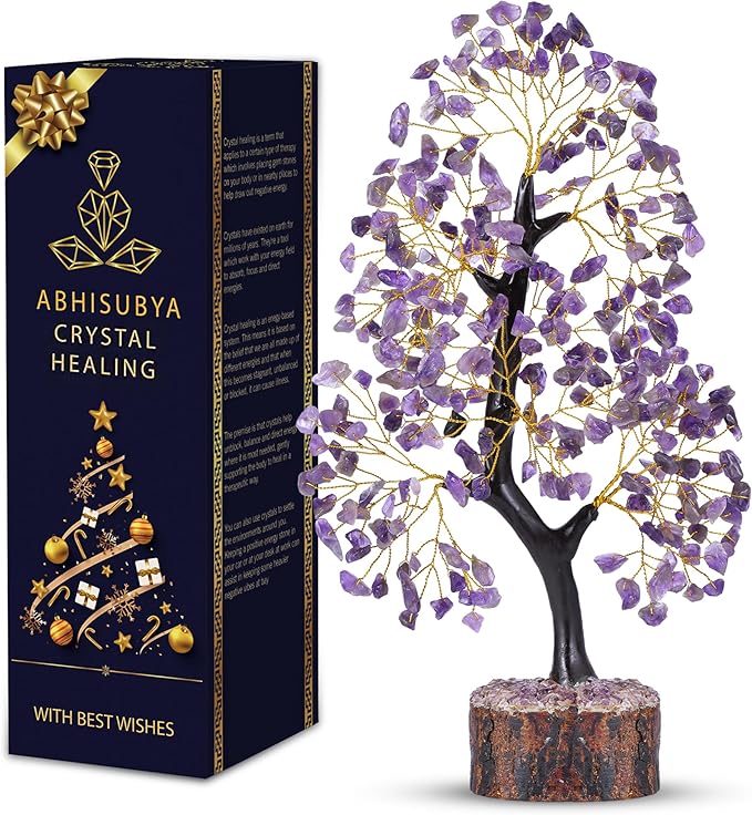 Amethyst Crystal Tree, Healing Crystals, Reiki Gemstone, Tree Life, Wood Base Office Desk Room Feng Shui Home Decor Spiritual Energy Meditation Gift for Women Men, Purple Crystals and Stones Tree