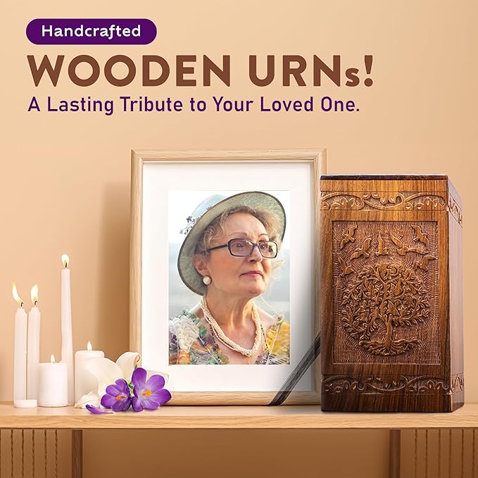 INTAJ Handcarved Wooden Cremation Urn for Human Ashes - Tree of Life Design, 180 lbs Capacity, Suitable for Adult Men and Women - Decorative Funeral Urn Box and Casket - Wooden Carved Box