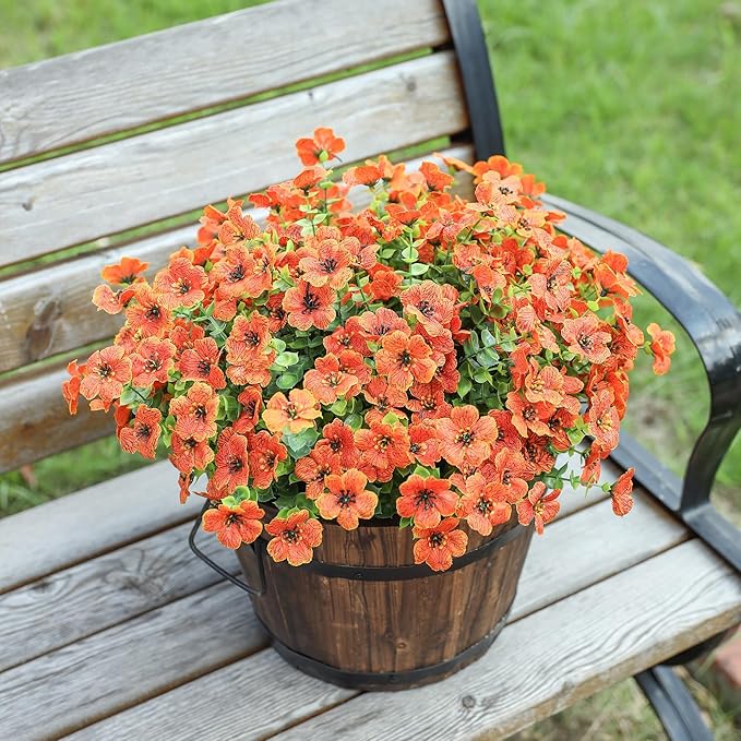 HyeFlora Artificial Fall Flowers Faux Mums for Outdoor Indoor Garden Home Decoration, Faux Flower Daisy with Eucalyptus Leaves Fake Mums Plants Greenery Boxwood Porch Patio, 12 Bundles (Orange)