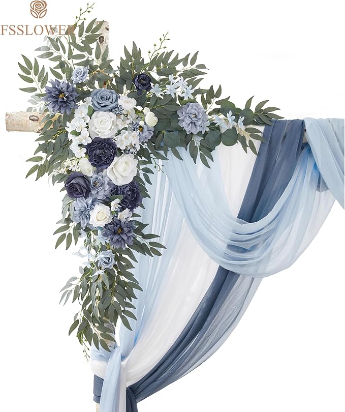 Wedding Arch Flowers with Drapes Kit (Pack of 5) - 2pcs Artificial Dusty Blue Deluxe Swag with 3pcs Sheer Drapes for Wedding Ceremony Backdrop Rose Floral Decoration Arbor Reception