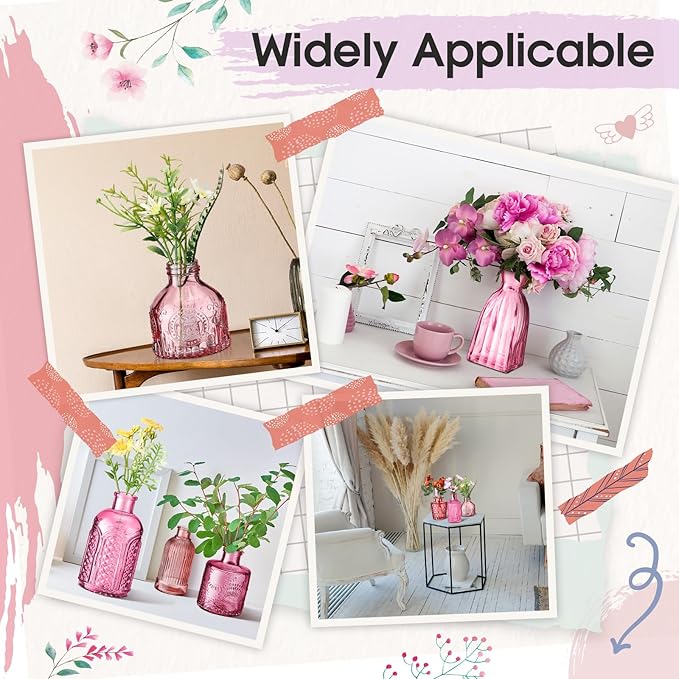 Yaomiao 30 Pcs Vases Bulk Colored Flower Glass Christmas Vases Bud Vintage Colored Glass Bottles Colorful Rustic Embossed for Home Wedding Table Decorations Gifts(Pink Series)