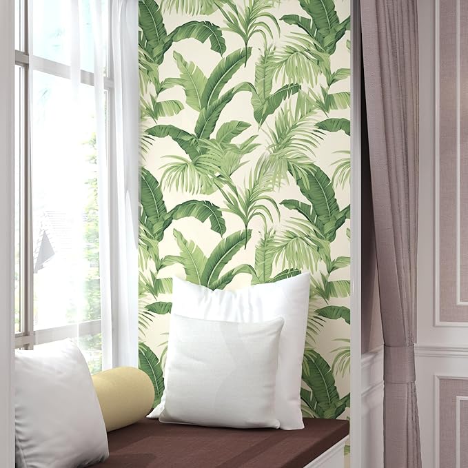 Green Leaf Wallpaper Peel and Stick, Beige Tropical Contact Paper 17.5" x 393.7", Palm Leaves Wall Paper Self Adhesive Waterproof Removable for Room Shelves Cabinet Drawer Table Decor