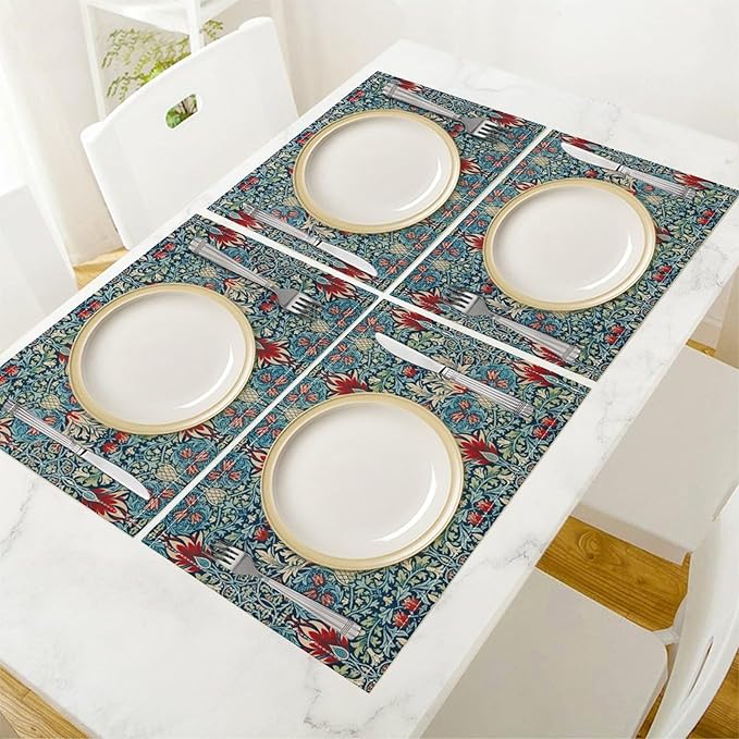 Vintage Flower Placemats William Morris Rural Farmhouse Flowers Art Printed Dining Table Mats Set of 4 for Home Kitchen Holiday Picnic Party Decor 12x18in