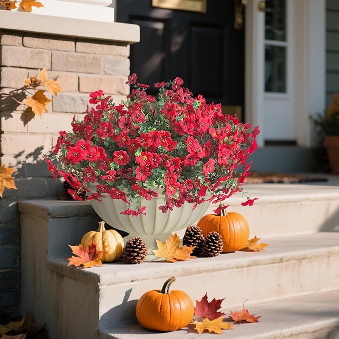 Artificial Fall Flowers Faux Mums for Outdoor Indoor Garden Home Decoration, Faux Flower Daisy with Eucalyptus Leaves Fake Mums Plants Greenery Boxwood Porch Patio, 12 Bundles
